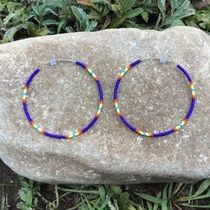 𝅺Navy with Native Colors Beaded Hoops, New, Handmade by Me